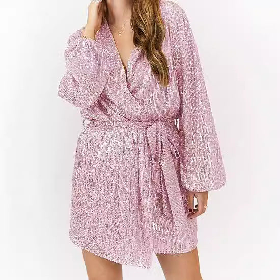 Damen Minikleid Glitzernd Tiefauschnitt Weite Ärmel Eveloria