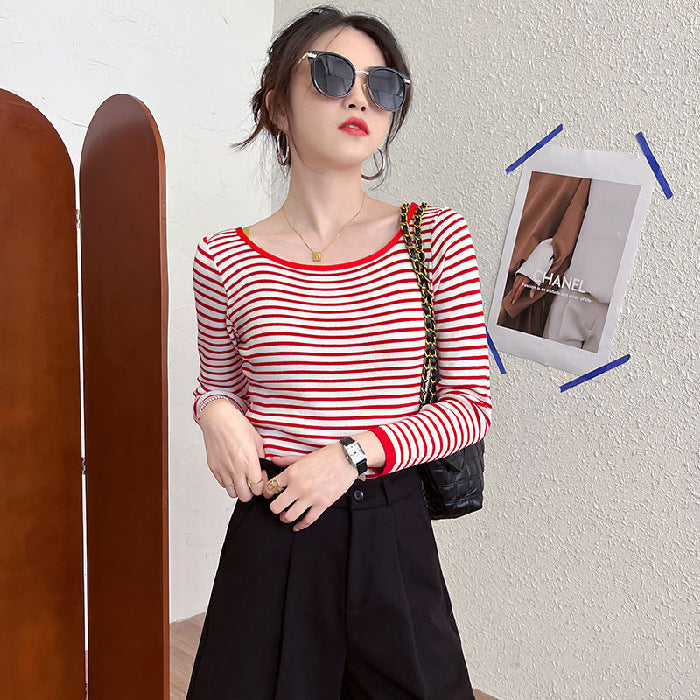 Damen Langarmshirt Maritimes Streifenmuster Weite Rundhalsausschnitt