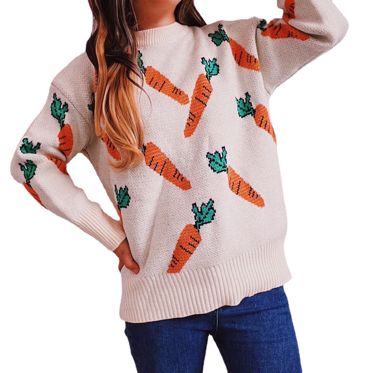 Damen Oversized Strickpullover Karottenmuster Eveloria