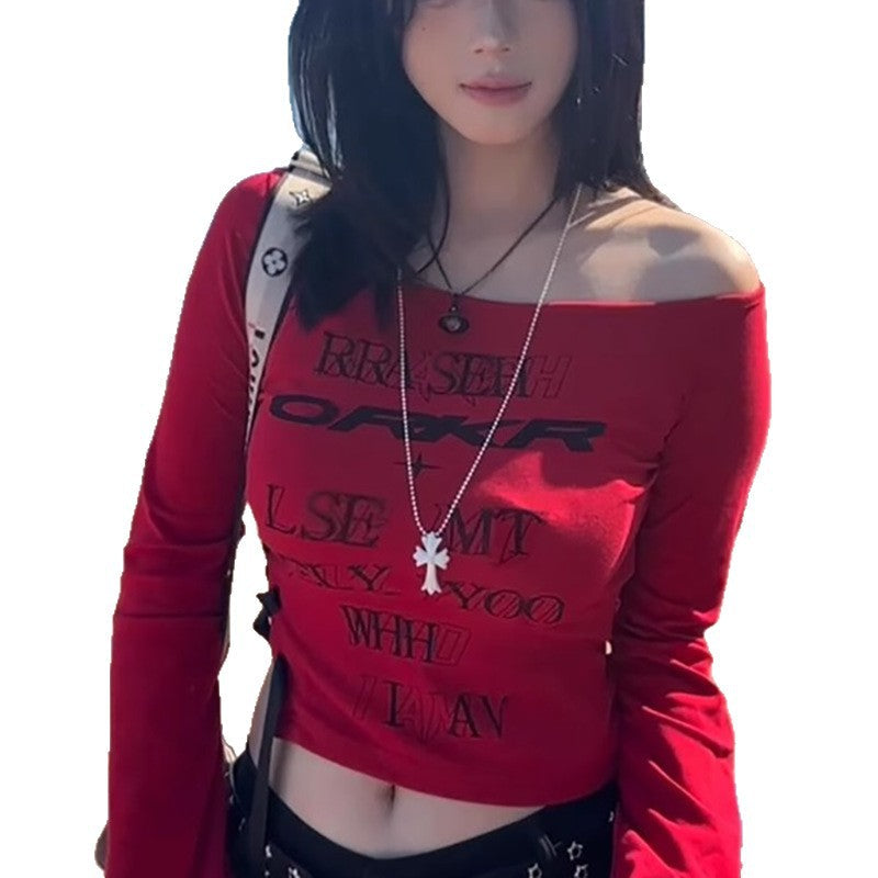 Damen Off-Shoulder Oberteil Länge Ärmel mit Schriftzug