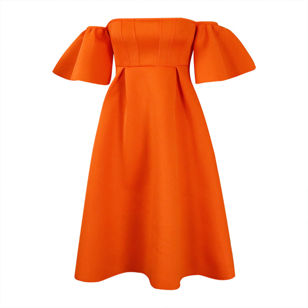 Damen A-Linie Kleid Schulterfrei Puffärmel Taillierung Eveloria