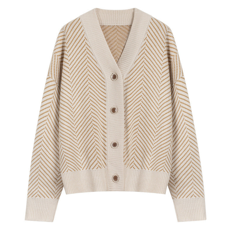 Damen Strickjacke Chevron Muster Knopfverschluss Eveloria