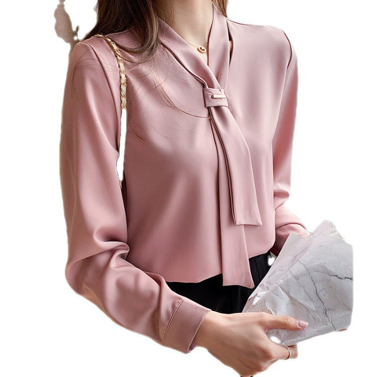 Damen Bluse Seidenfinish Eleganter Schlaufenkragen