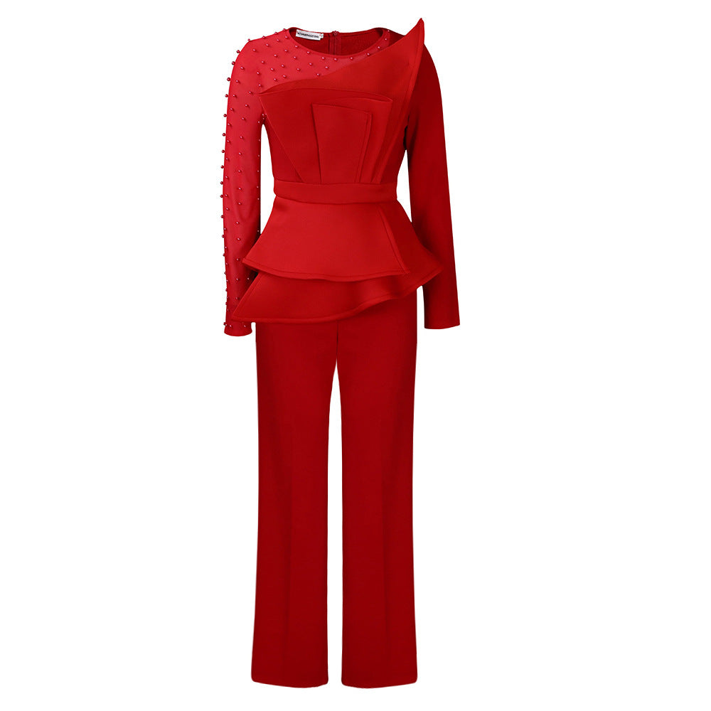 Damen Jumpsuit Asymmetrisch Perlendetails Eveloria