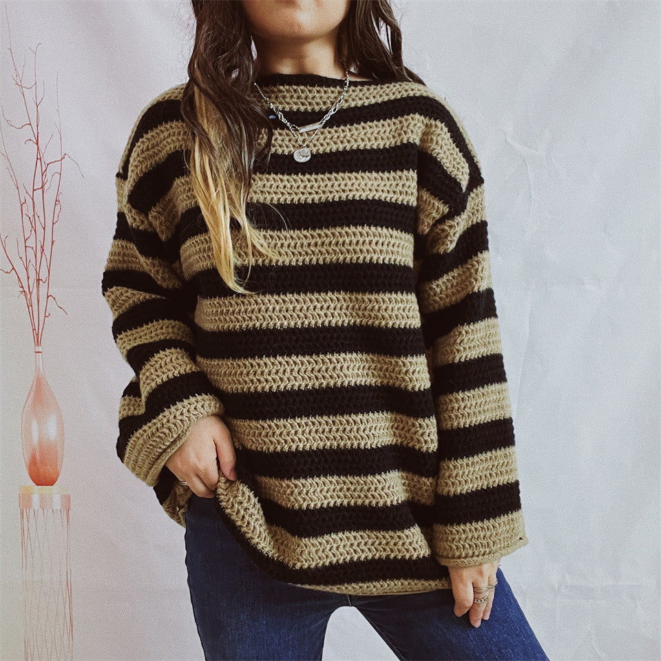Damen Oversized-Pullover Gestrickt Breites Streifenmuster