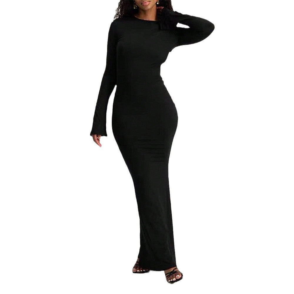 Damen Maxi-Kleid Langarm Schlüsselloch Ausschnitt Figurbetonter Stoff
