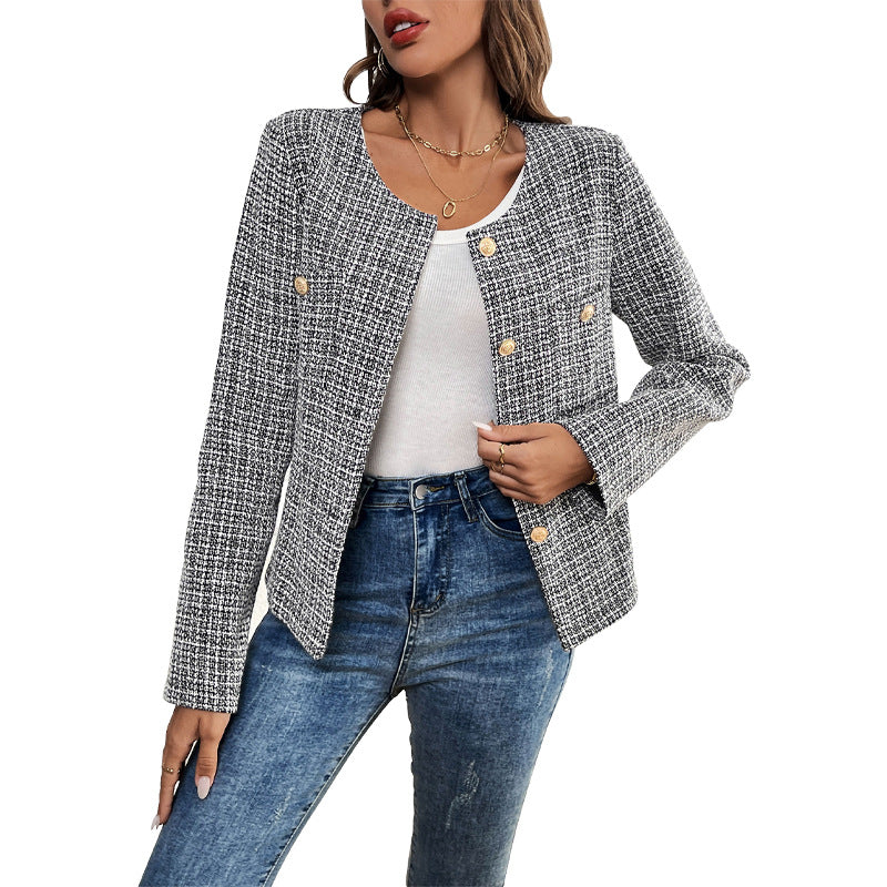 Damen Bouclé-Jacke Elegant Goldknöpfe Beige