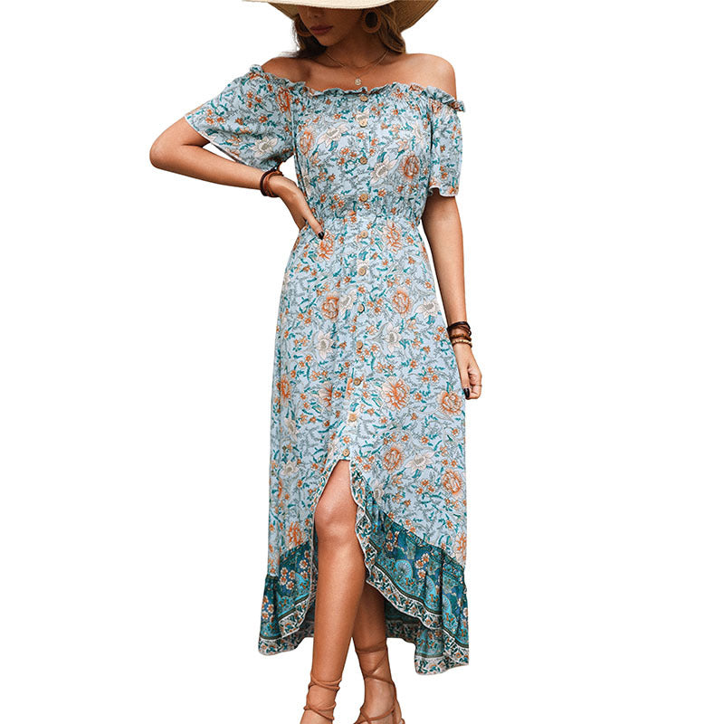 Damen Maxikleid Off-Shoulder Floralmuster Eveloria