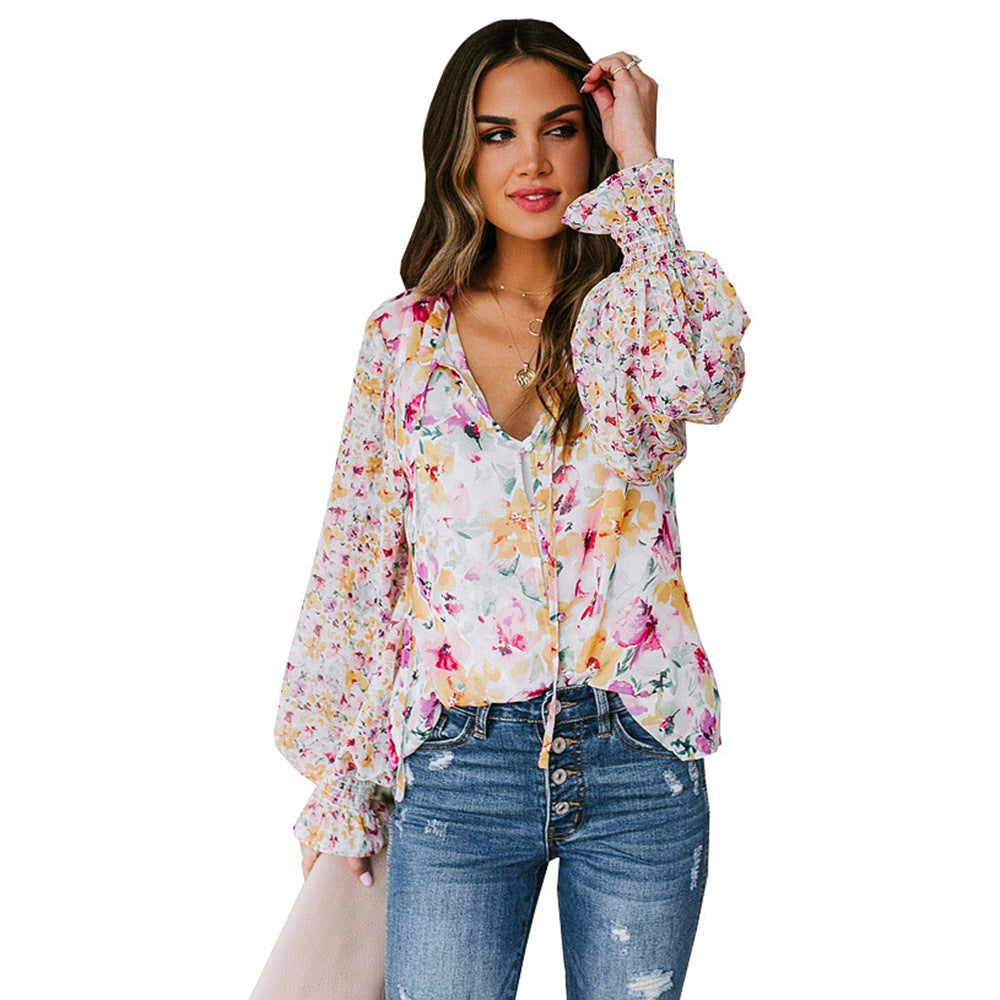 Damen Bluse mit weiten Ärmeln Floral Muster Eveloria