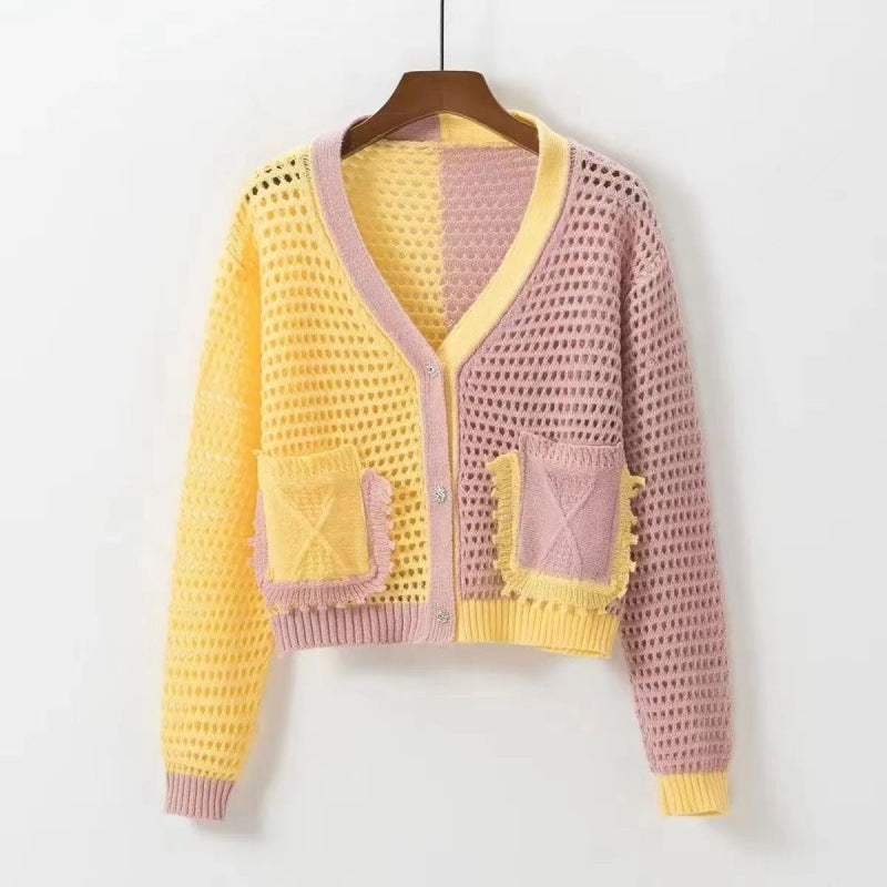 Damen Strickcardigan Luftig Netzstruktur Beige mit Taschen