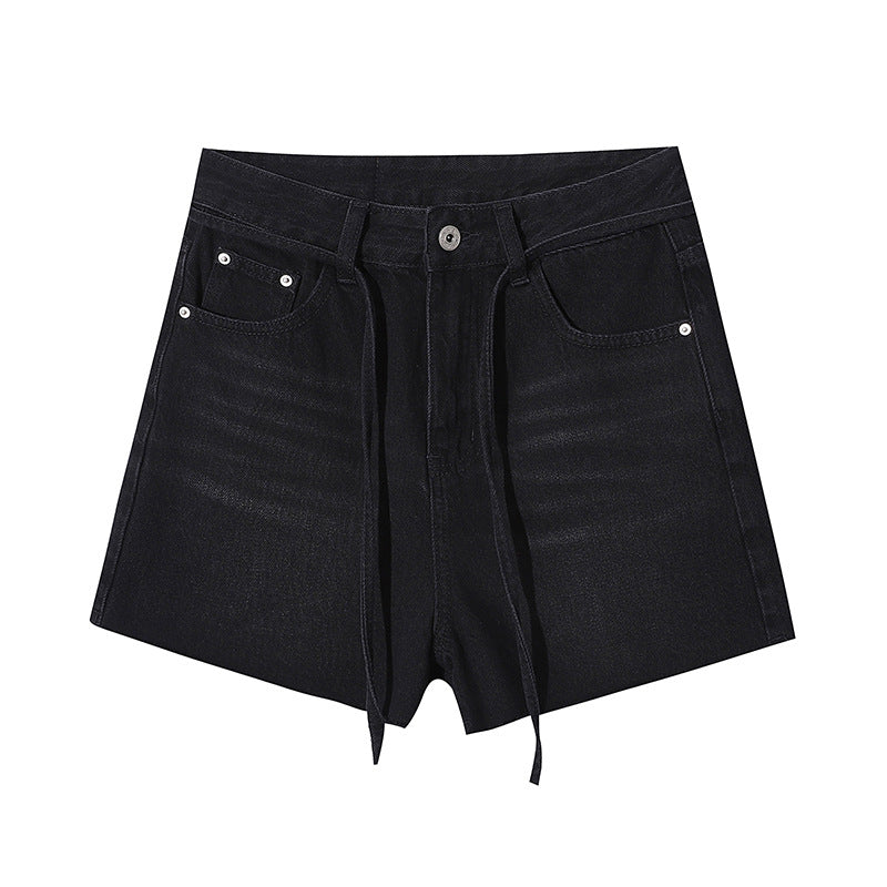 Damen Highwaist Jeansshorts Dekoratives Schnürdetail Fransiger Saum