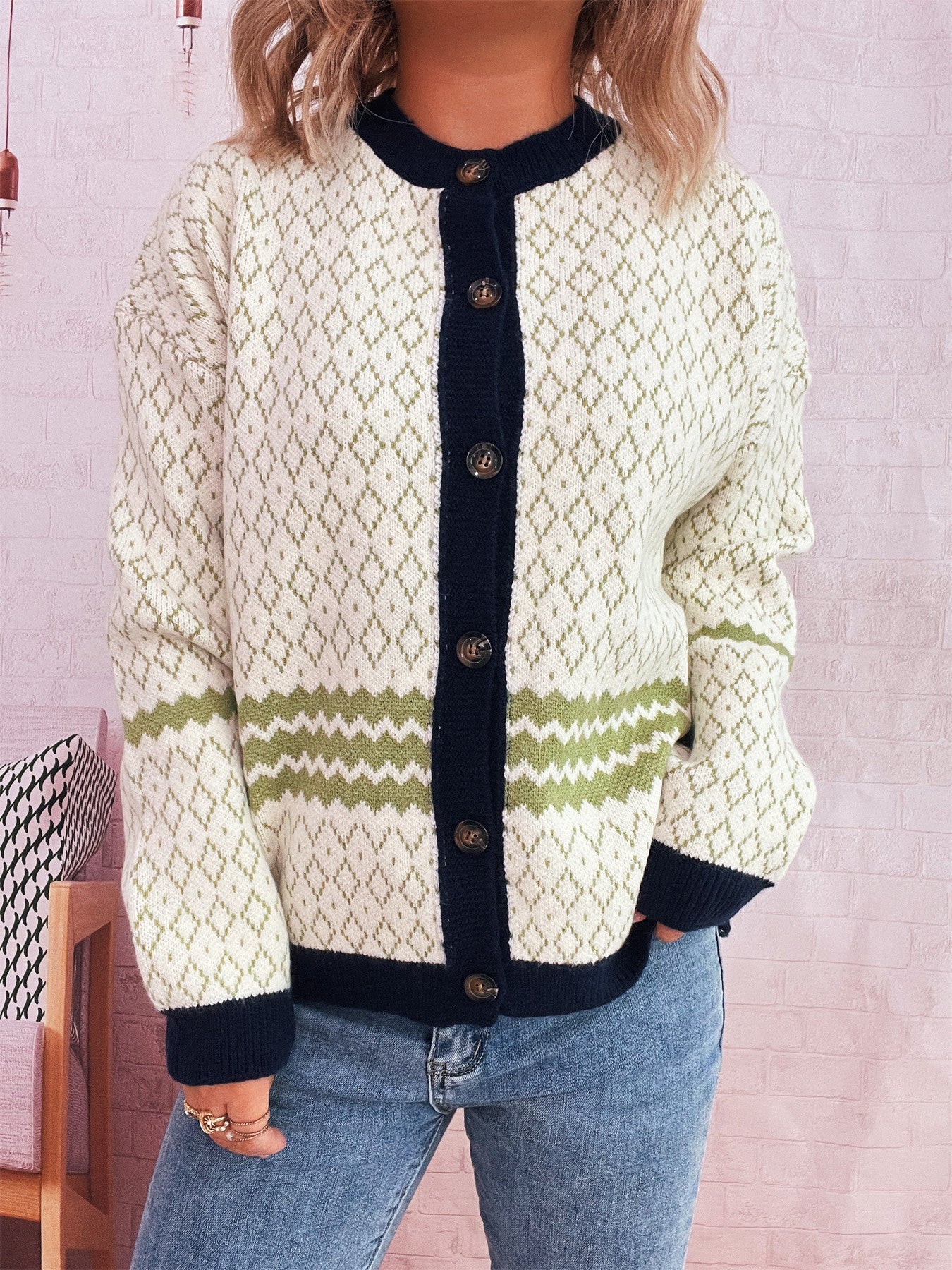 Damen Strickjacke Geometrisches Muster Elegante Knöpfe Eveloria