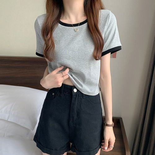 Damen T-Shirt Kurzarm Leichtes Baumwollshirt Weiß