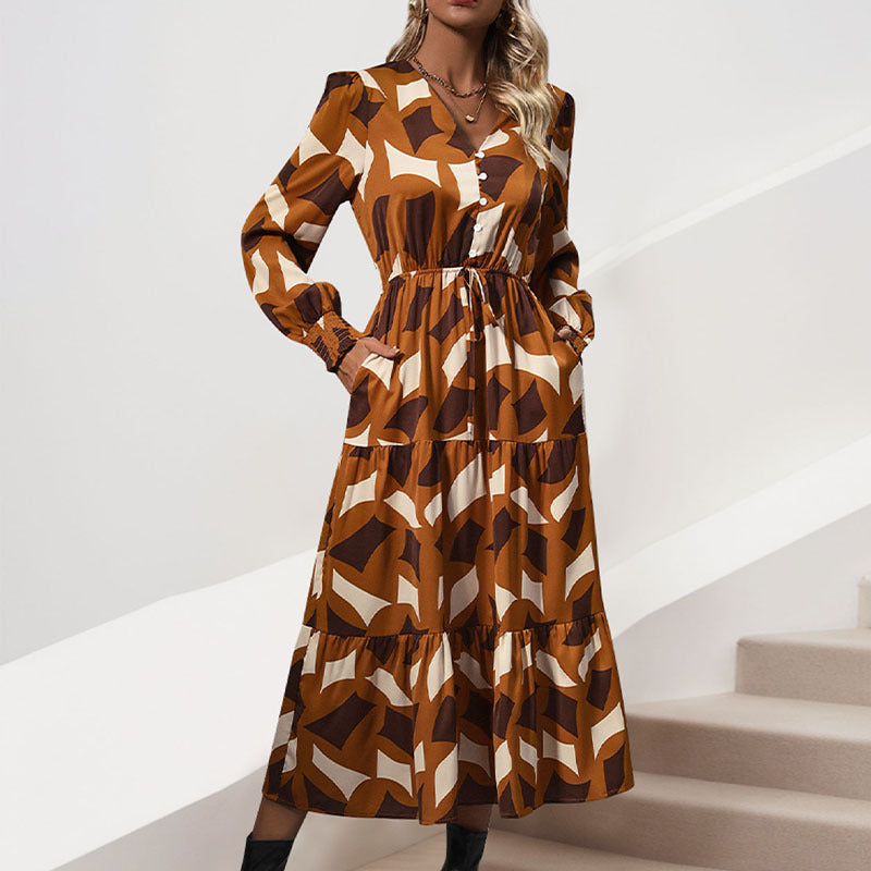 Damen Maxikleid Tailliert Muster Mix Eveloria