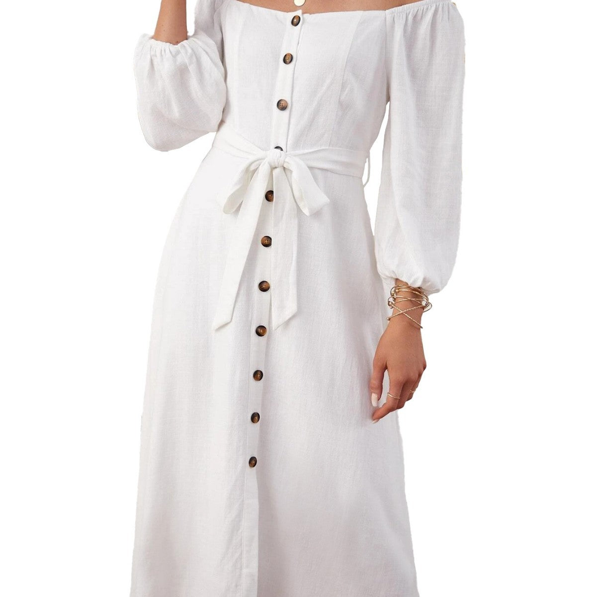Damen Maxikleid Schulterfrei Dekorative Knöpfe Eveloria