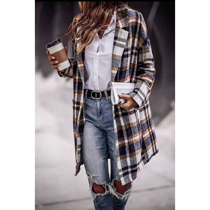 Damen Karierter Mantel mit Seitentaschen Weiss