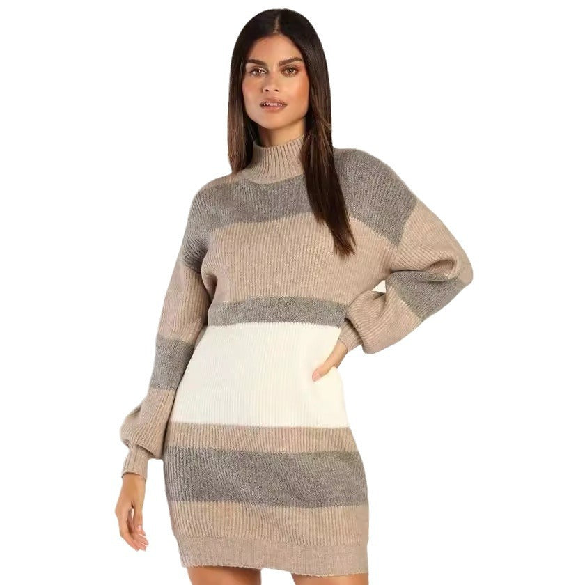 Damen Strickkleid Rollkragen Streifenmuster