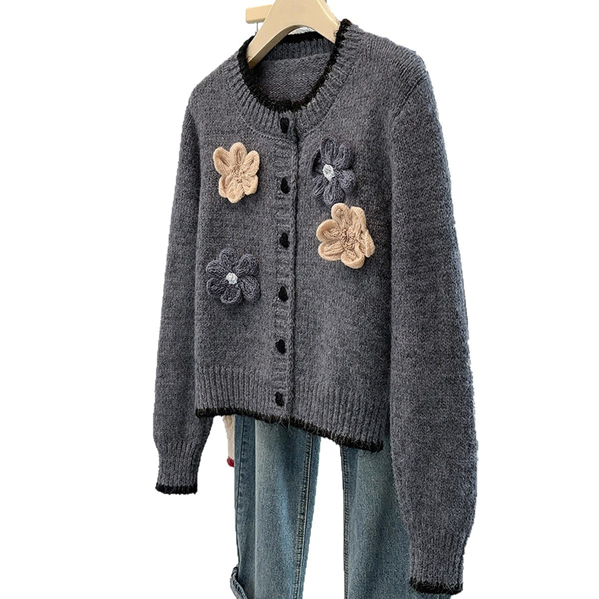Damen Strickcardigan Blumenapplikationen Weich Eveloria
