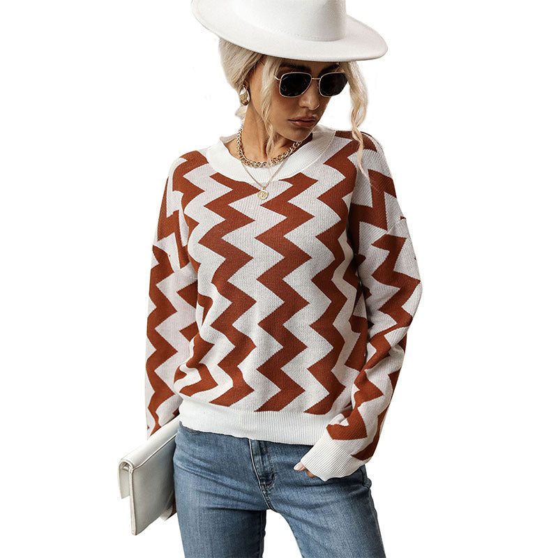 Damen Strickpullover Zickzackmuster Eveloria