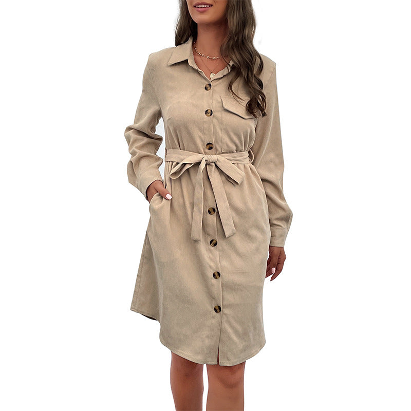 Damen Hemdblusenkleid Knielang mit Bindegürtel