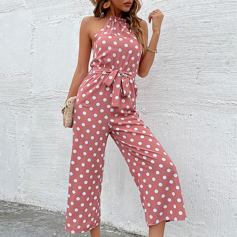 Damen Jumpsuit Moderner Punkte Look Verspielter Gürtel