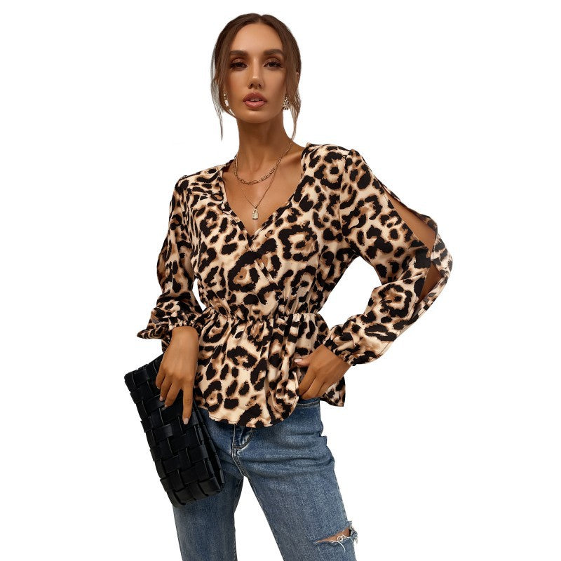 Damen Bluse Leopardenmuster Rüschendetails Eveloria