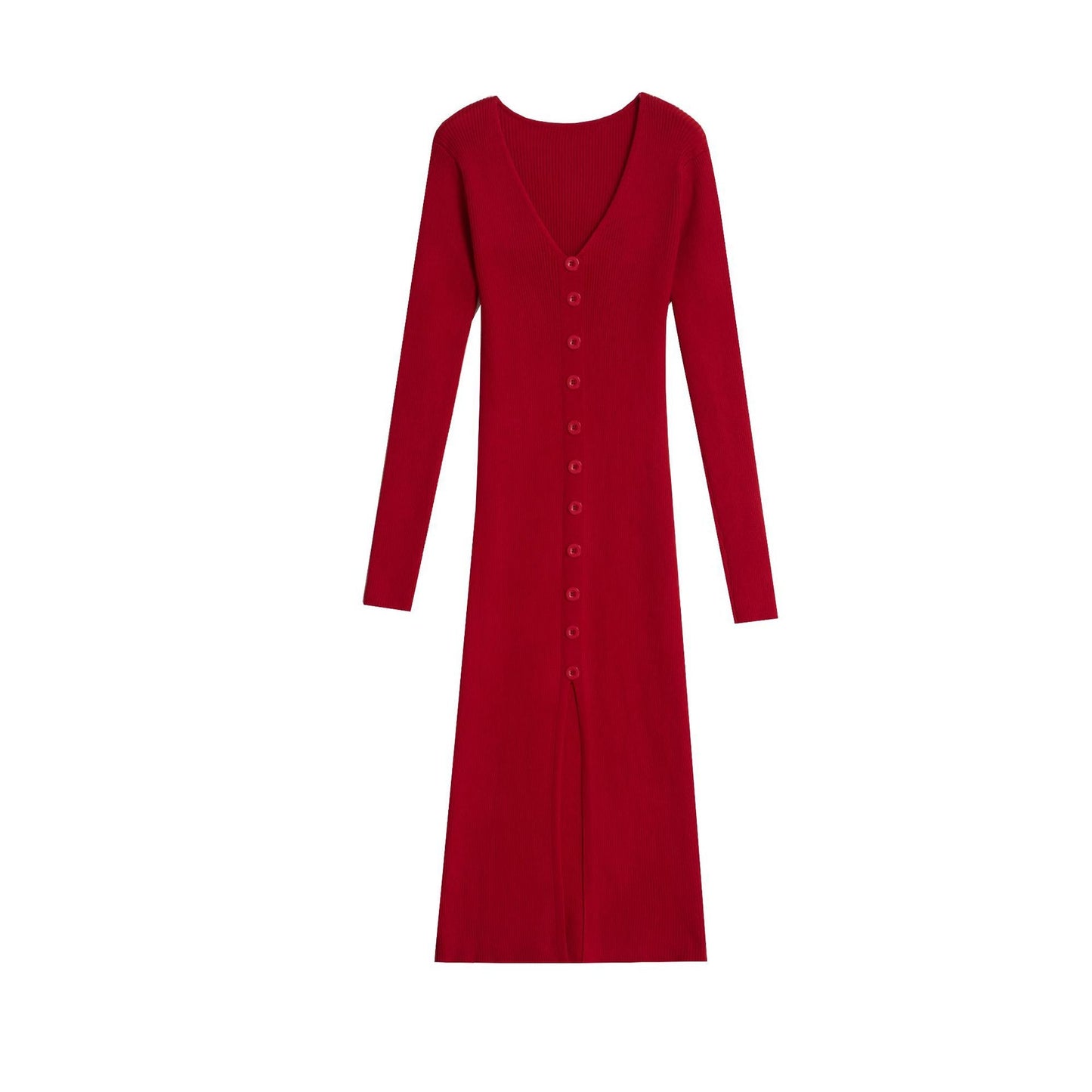 Damen Strickkleid Hochknöpfe Tiefes V Eveloria
