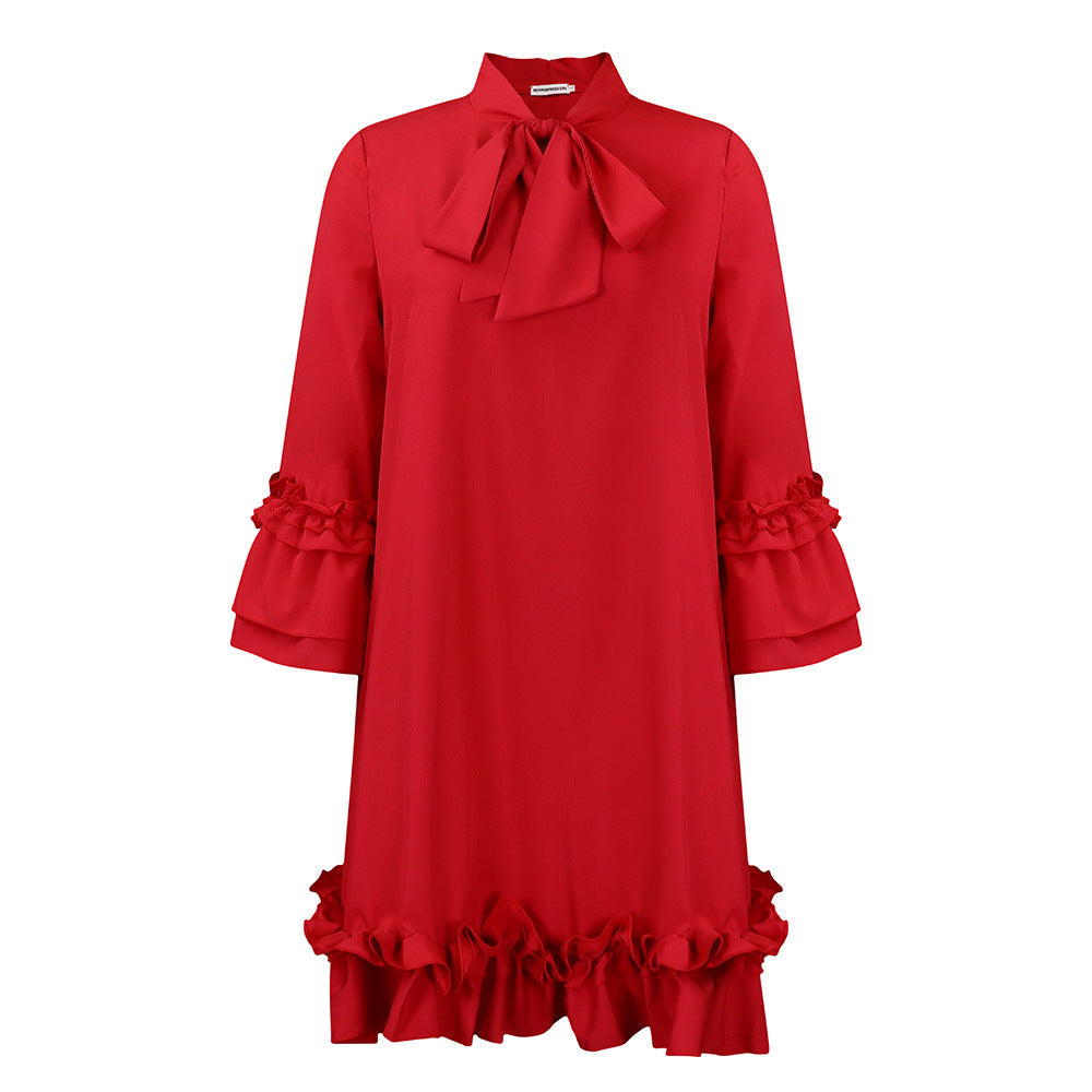 Damen Kleid Rüschendetails Stehkragen Eveloria