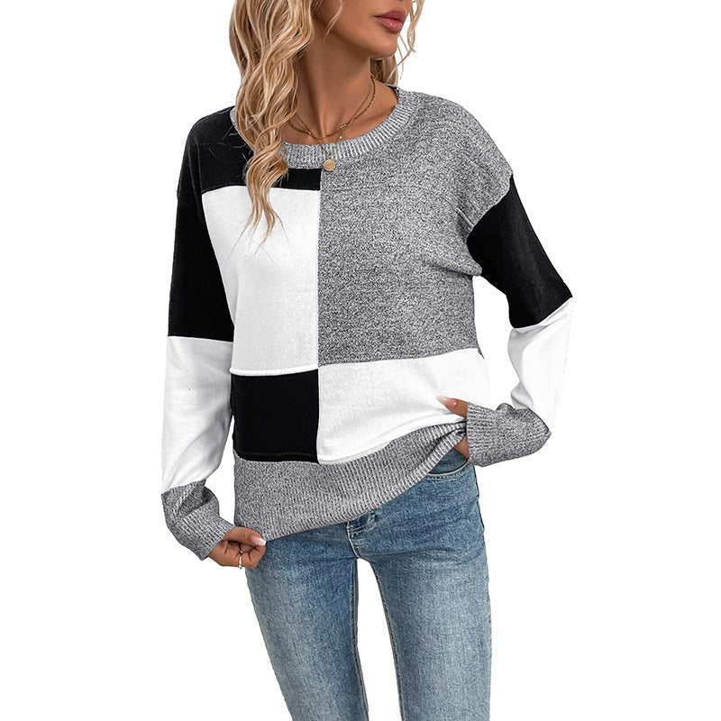 Damen Pullover Patchwork Rundhalsausschnitt Grau