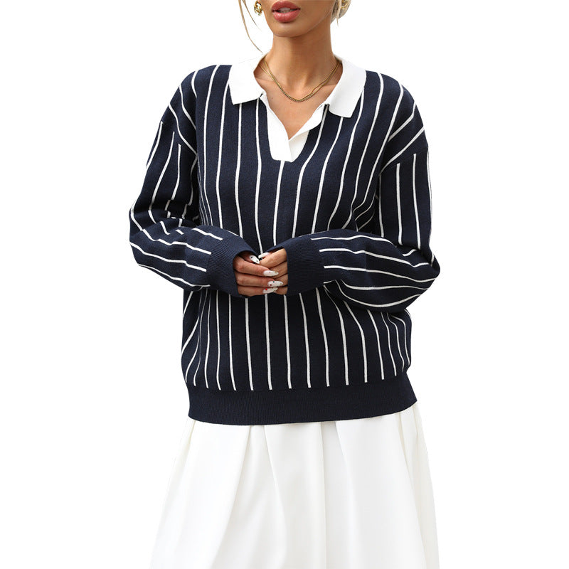 Damen Sportpullover Kontraststreifen Klassischer Kragen Eveloria