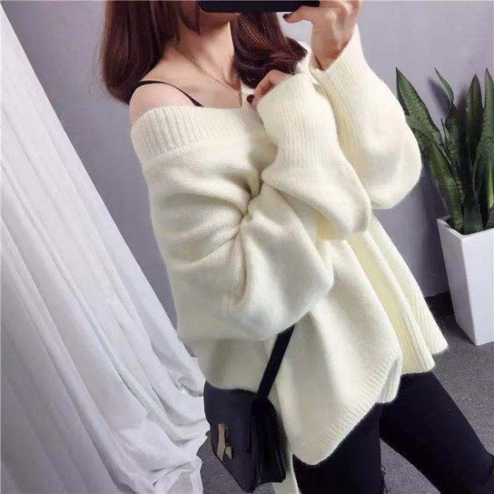 Damen Pullover Grobgestrickt V-Ausschnitt Oversized Ärmel Beige