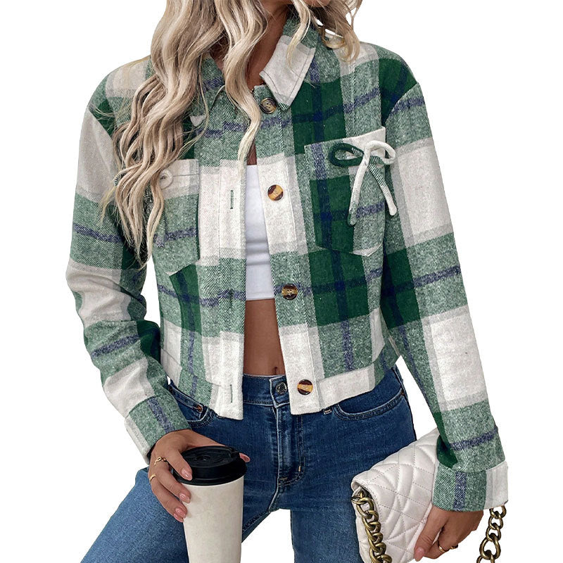 Damen Cropped Bluse Karo Nostalgisch Knöpfe Eveloria