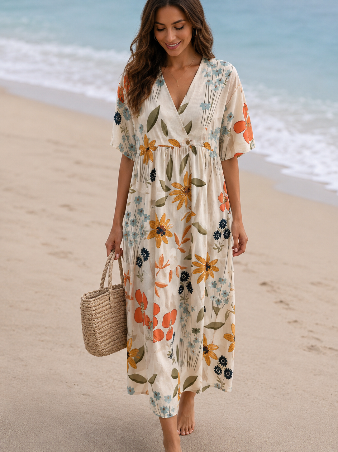 Damen Sommerkleid V-Ausschnitt Blumenmuster Leicht