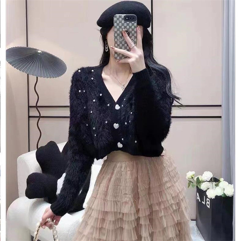 Damen Flauschige Strickjacke Funkelnde Details Moderner Schnitt