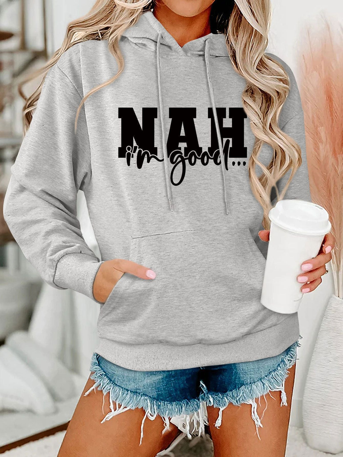 Damen Kapuzenpullover Bequem Motivierender Schriftzug Grau