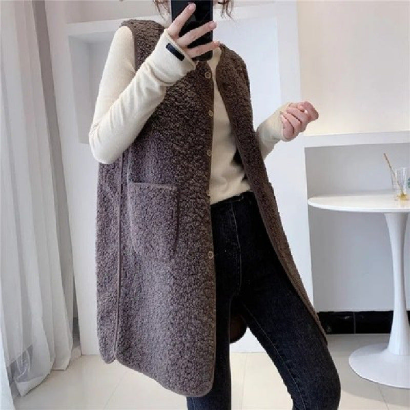 Damen Weste Kuschelig Druckknöpfe Seitentaschen Beige