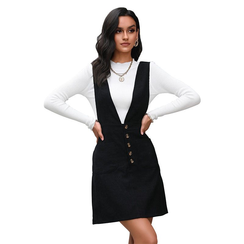 Damen Kleid V-Ausschnitt Latzdesign Knöpfe Eveloria