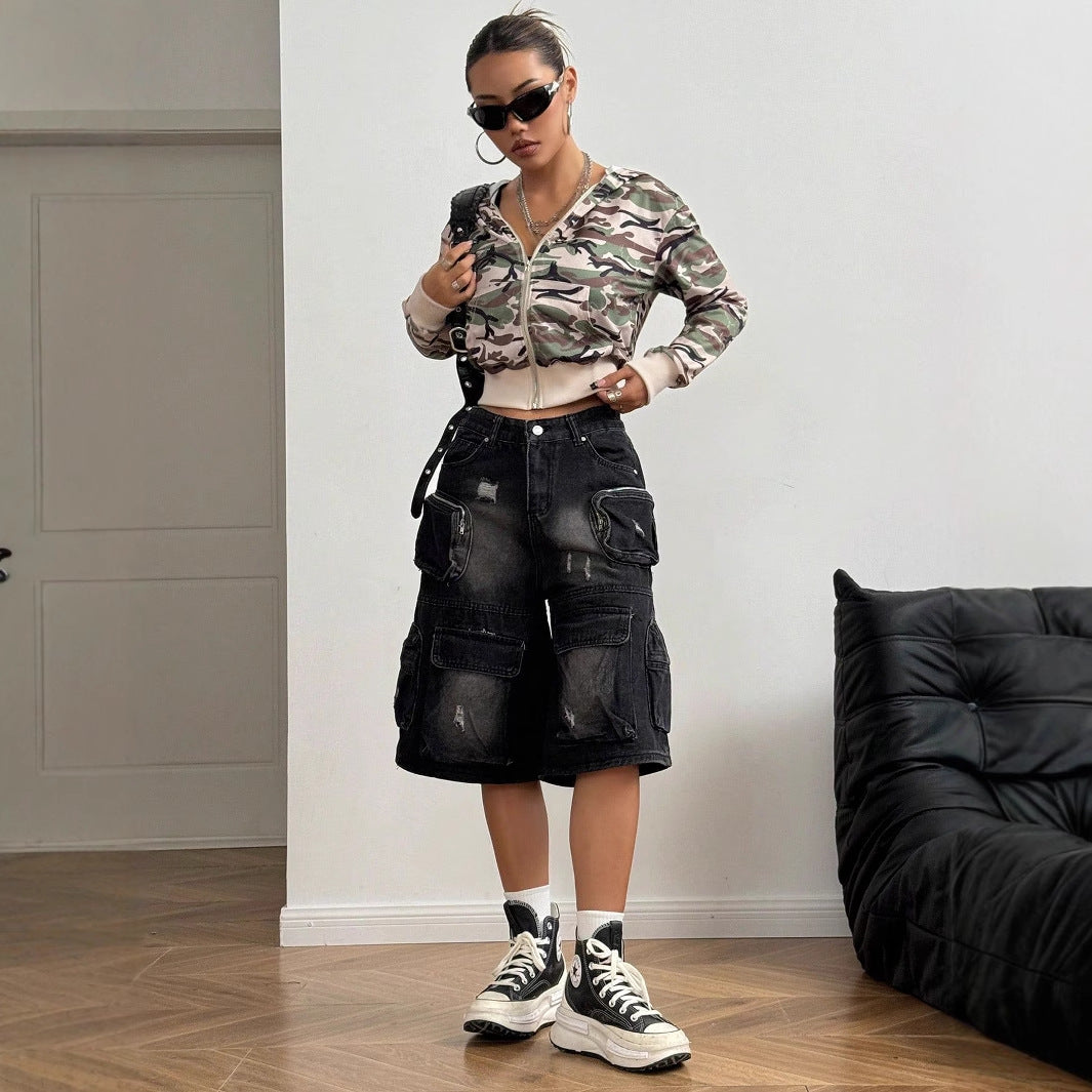 Damen Kapuzenjacke Kurz Camouflage Stil Eveloria