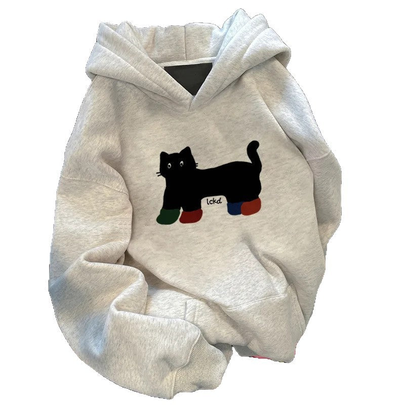 Damen Kapuzenpullover Weit Katzenmotiv Eveloria