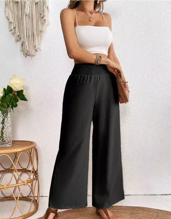 Damen Leinenhose Hohe Taille Elastisch Weites Bein Beige
