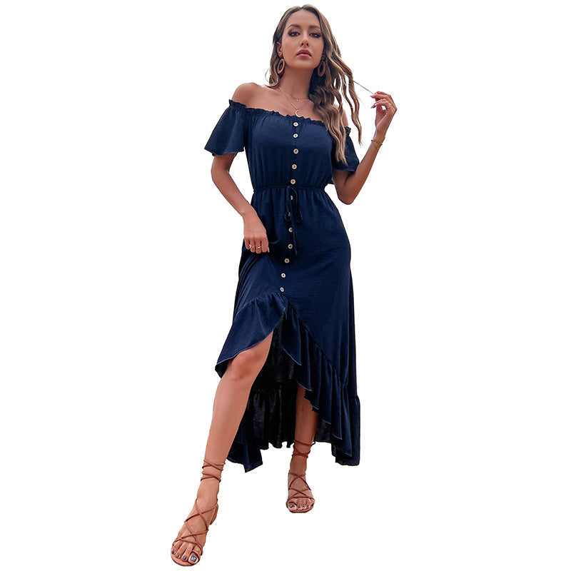 Damen Maxikleid Schulterfrei Knöpfbarem Vorderteil Eveloria