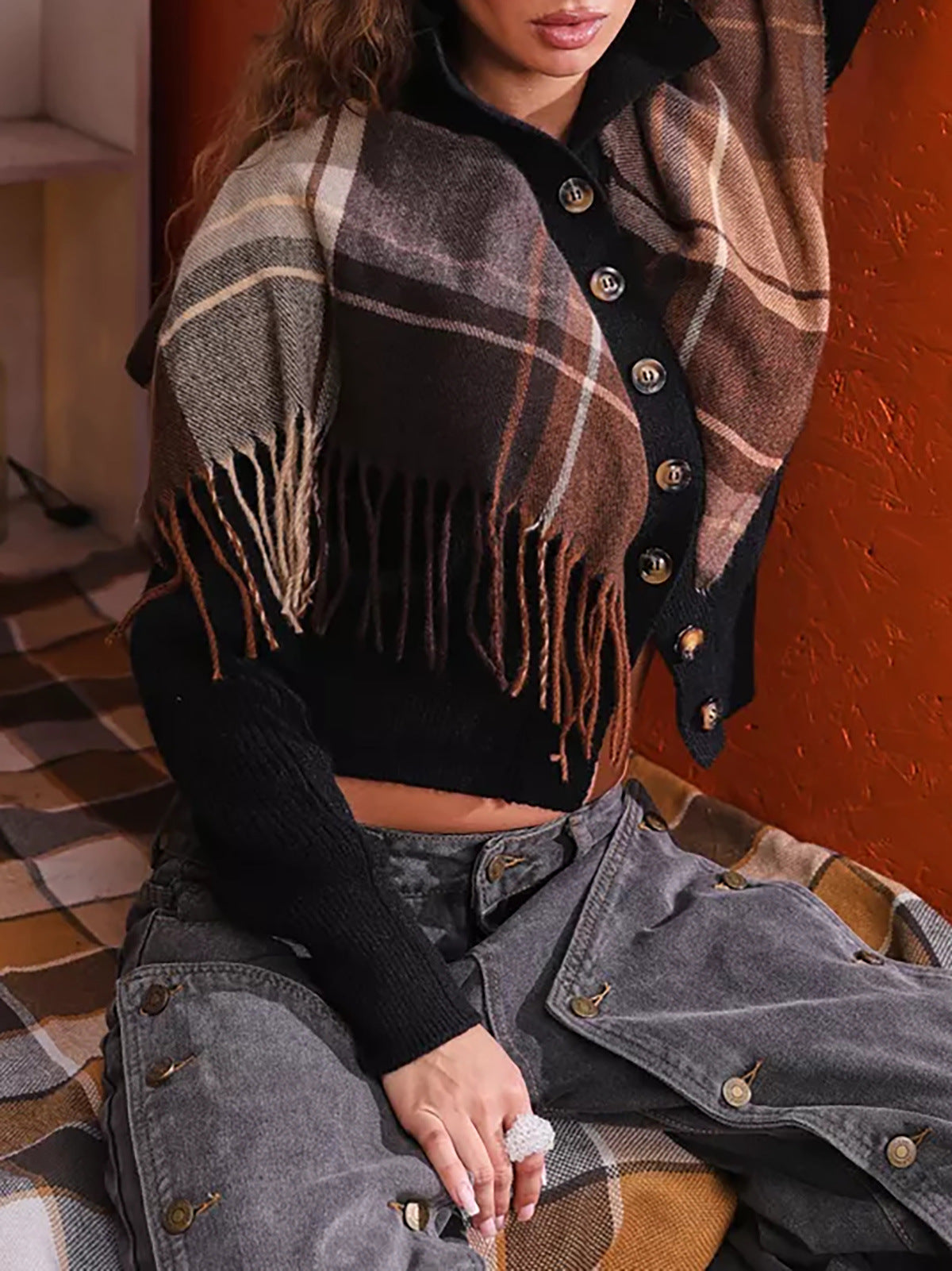 Damen Strickweste Karomuster Dekorativ Knöpfe Beige