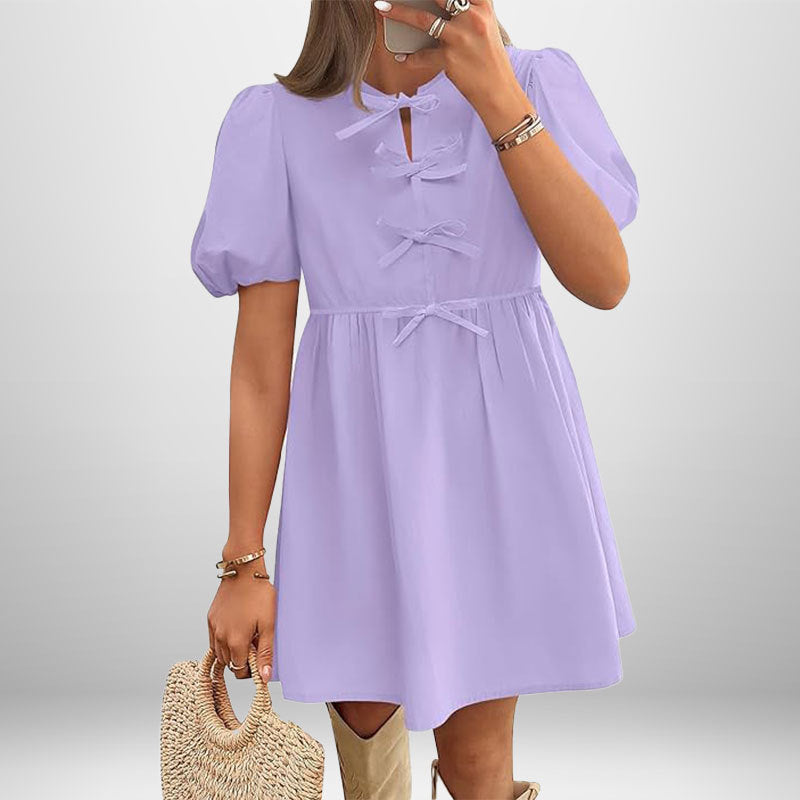 Damen Kurzkleid Puffärmel Schleifendetails Eveloria