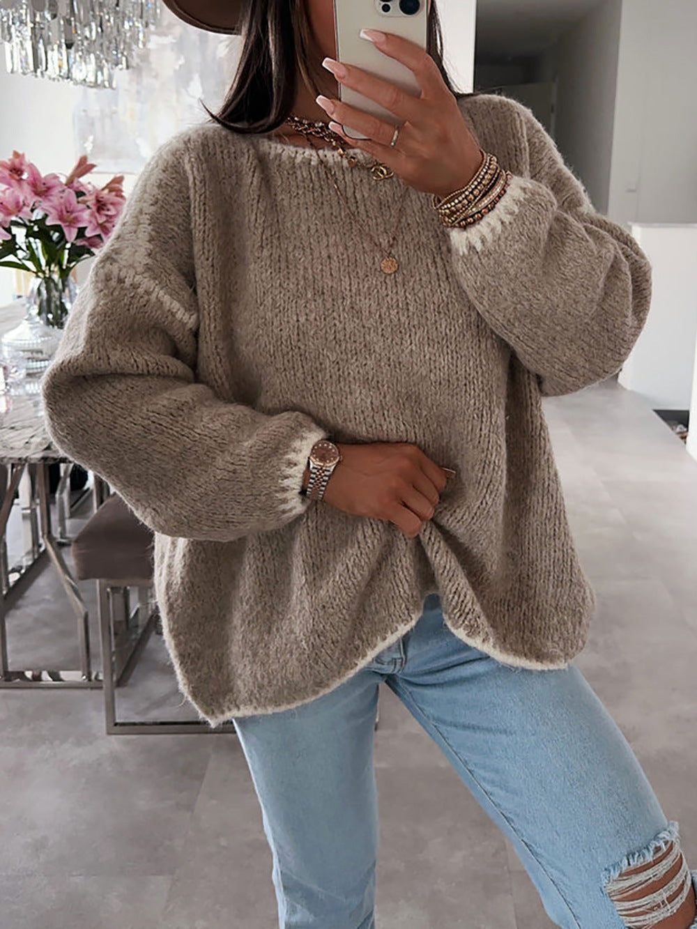 Damen Oversized Strickpullover KontrastAkzente