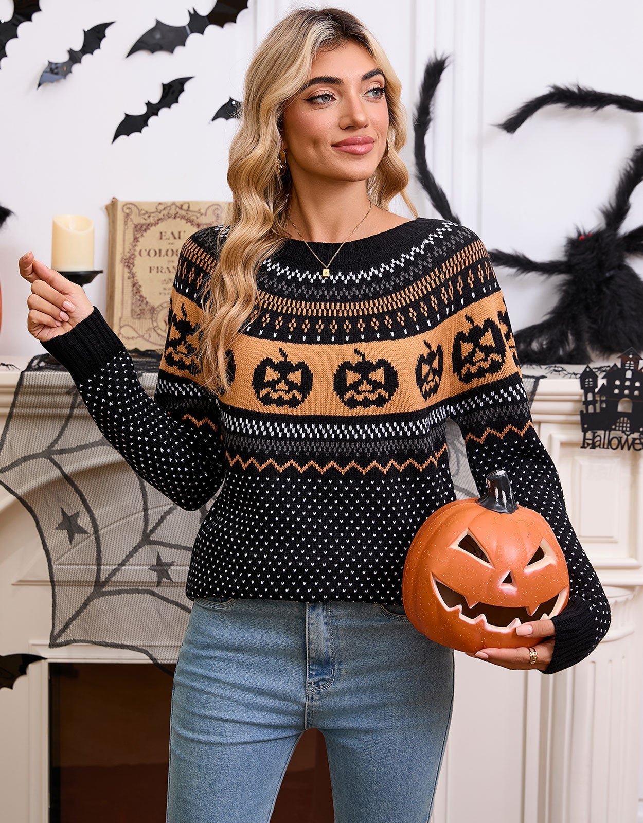 Damen Strickpullover Halloween-Motiv Feinstrick Eveloria