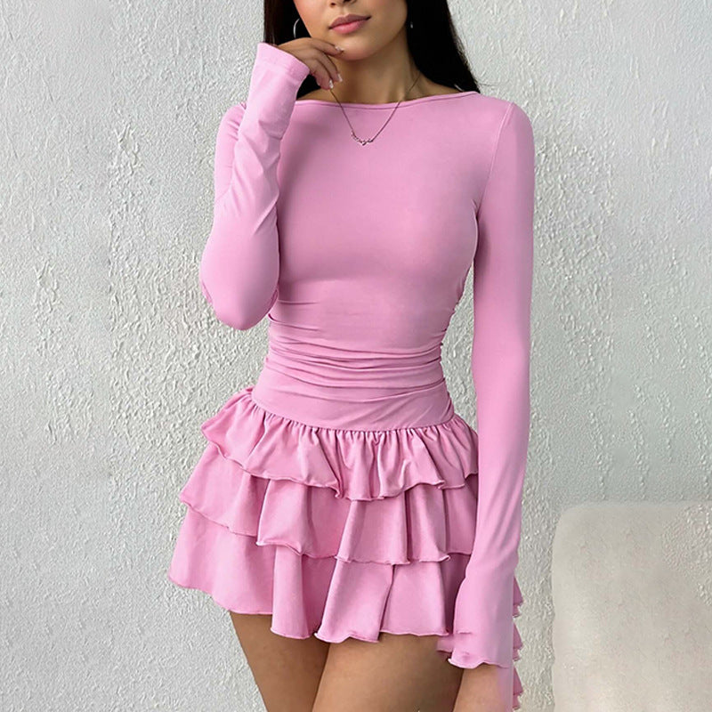 Damen Mini-Kleid Voluminöser Rüschensaum Langarm Eveloria