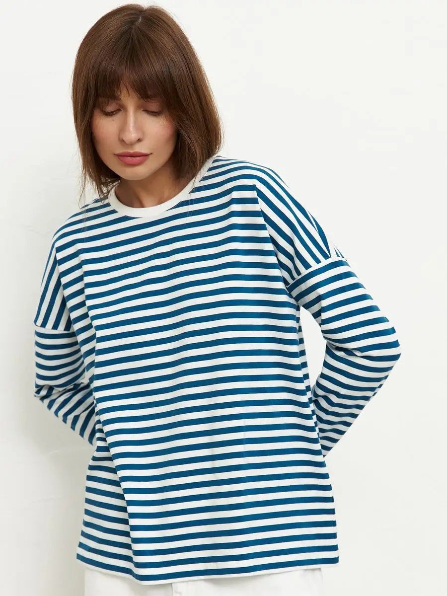 Damen Langarm T-Shirt Streifen Weiss