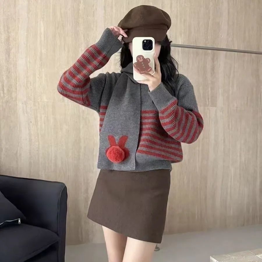 Damen Strickpullover Hochkragen Streifenmuster Eveloria