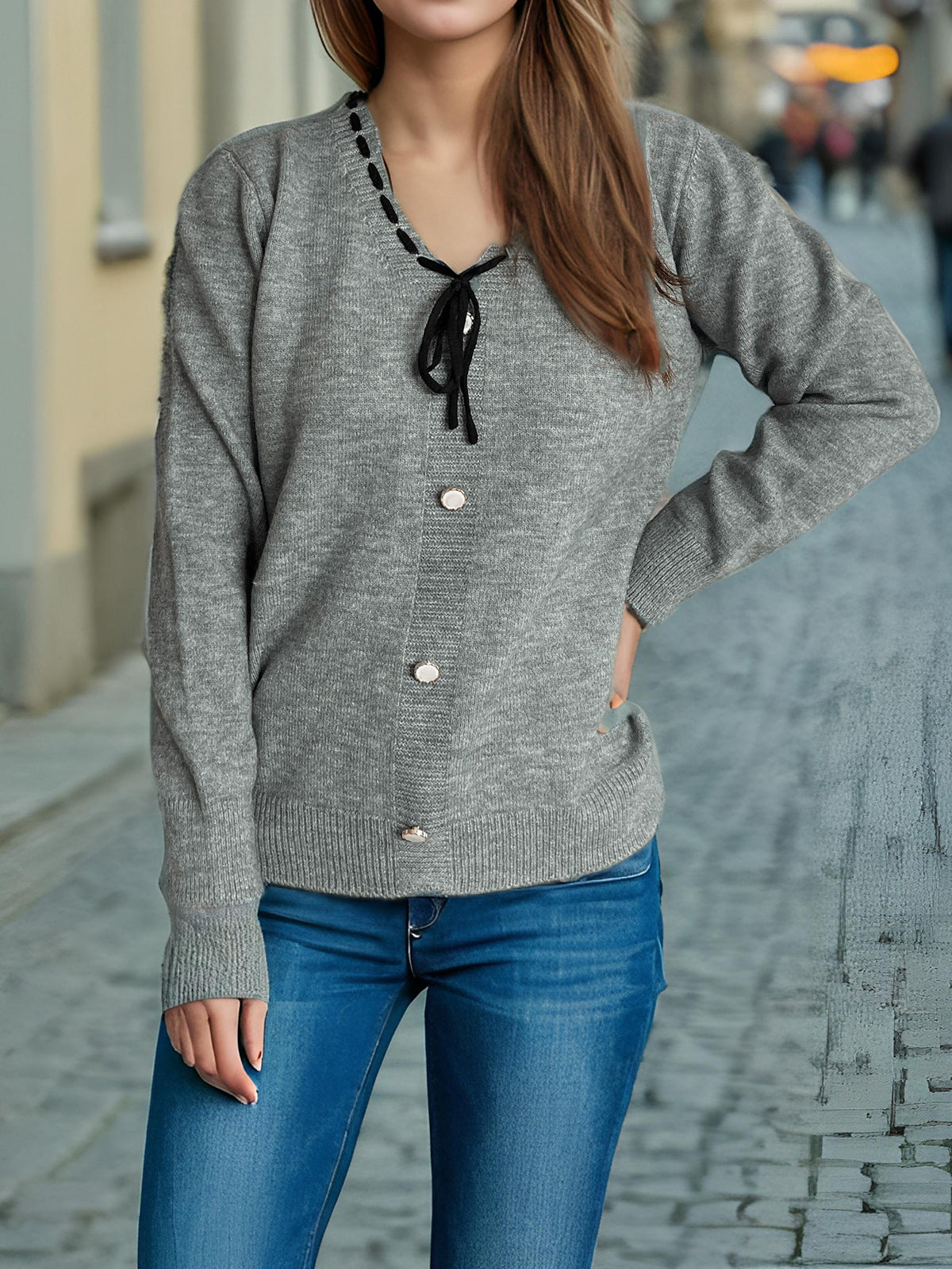 Damen Strickjacke Dekorative Knöpfe Kordelzug Beige