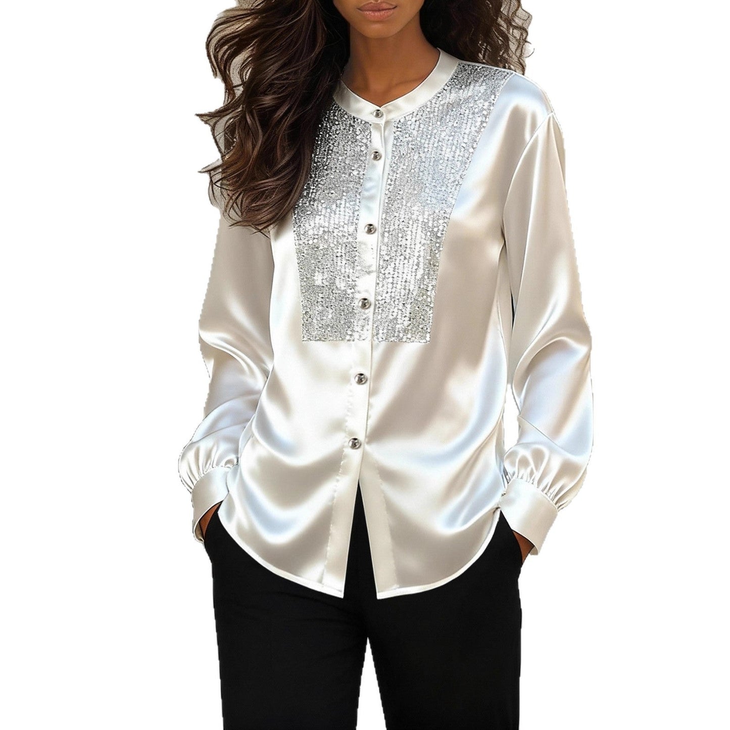 Damen Satinbluse mit Paillettenbesatz Elegant